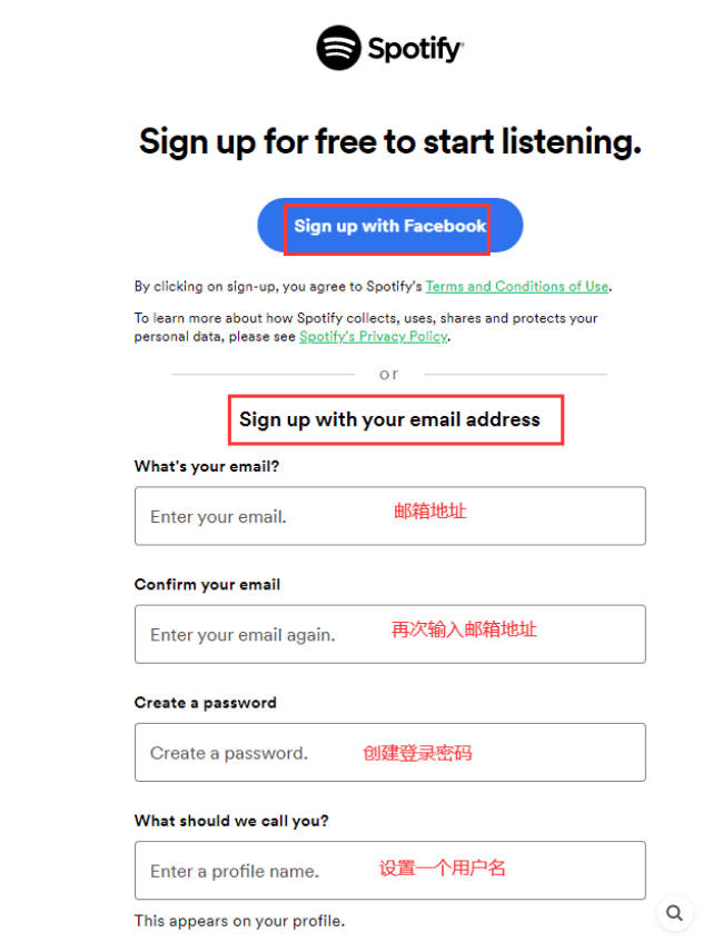 使用facebook注册spotify